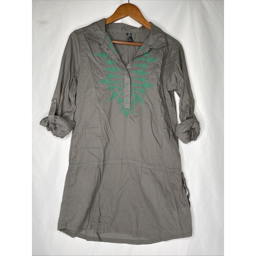 PrAna S Gray‎ Leta Embroidered Drop Waist Tunic Roll Up Sleeves Boho Organic